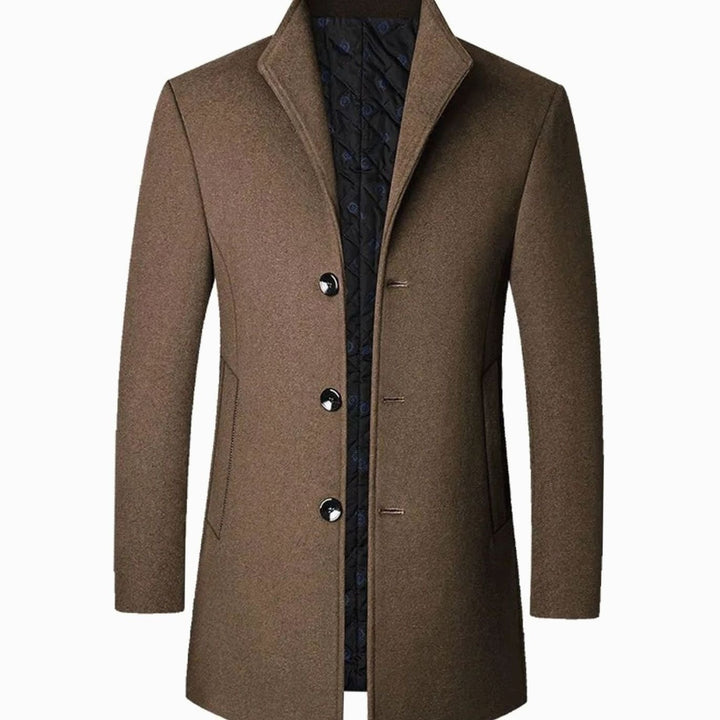 Men's Tailored Stand-Collar Button-Front Long Overcoat - Brown