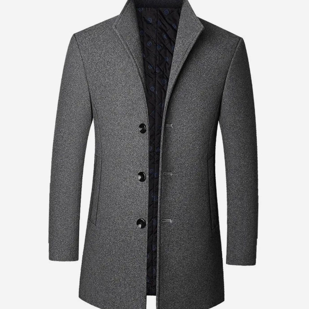 Men's Tailored Stand-Collar Button-Front Long Overcoat - Grey
