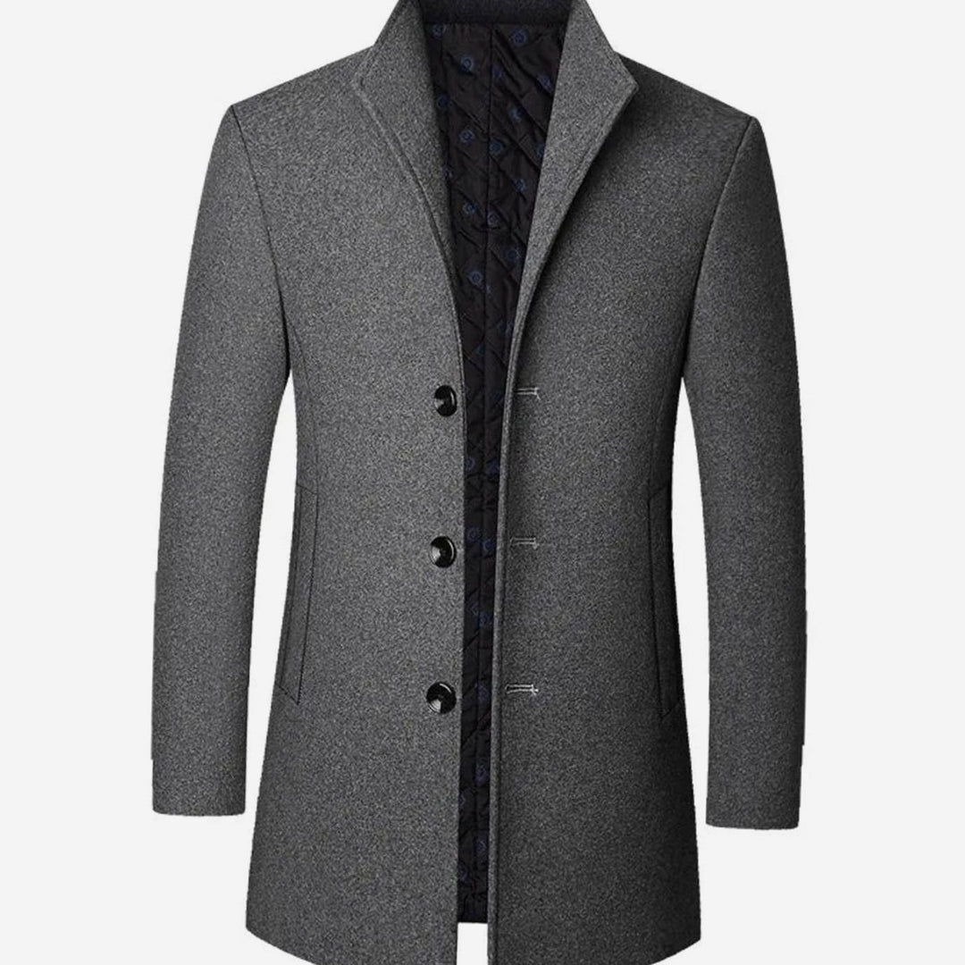 Men's Tailored Stand-Collar Button-Front Long Overcoat - Grey
