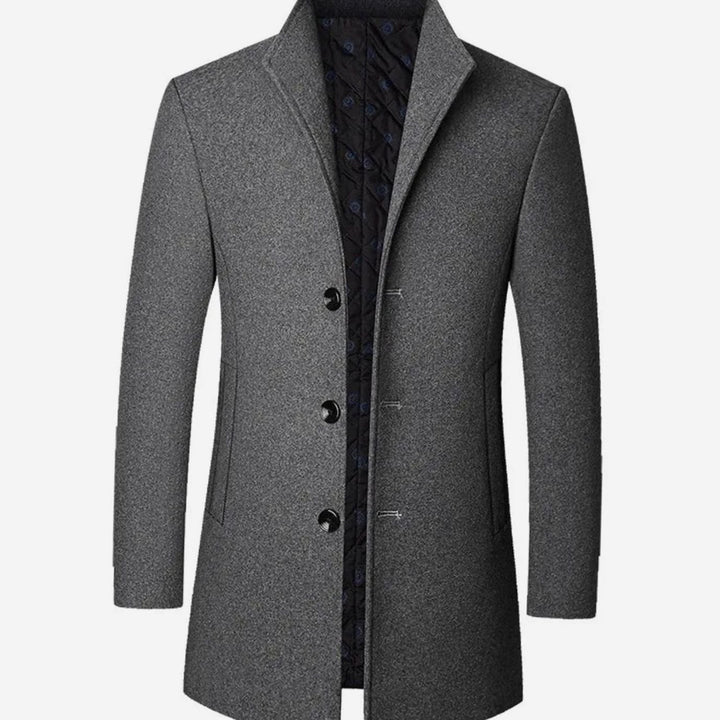 Men's Tailored Stand-Collar Button-Front Long Overcoat - Grey