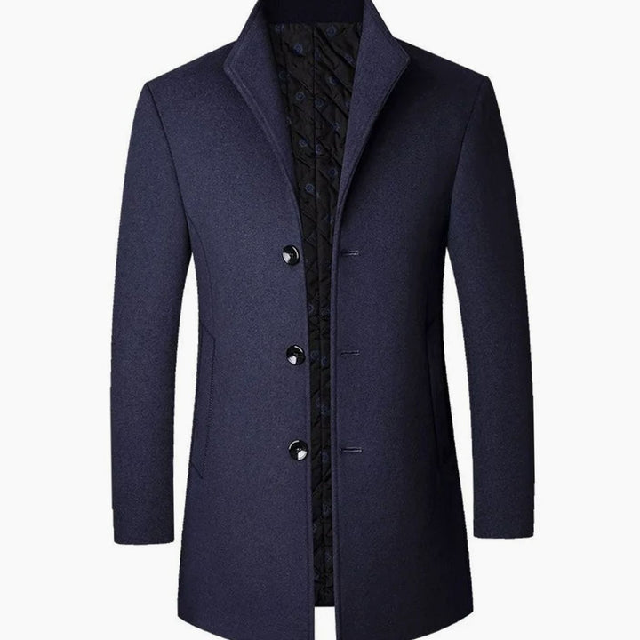 Men's Tailored Stand-Collar Button-Front Long Overcoat - Navy Blue