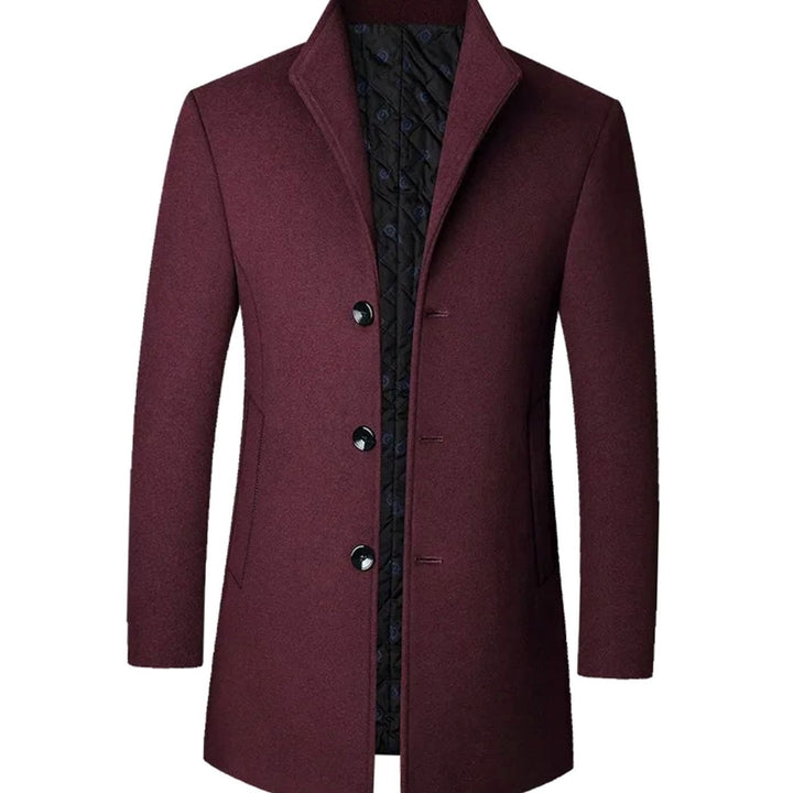 Men's Tailored Stand-Collar Button-Front Long Overcoat - Burgundy