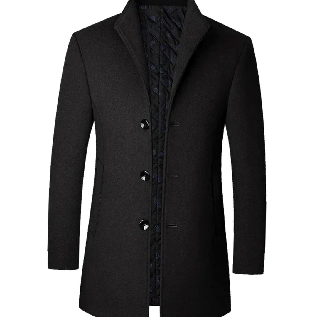 Men's Tailored Stand-Collar Button-Front Long Overcoat - Black