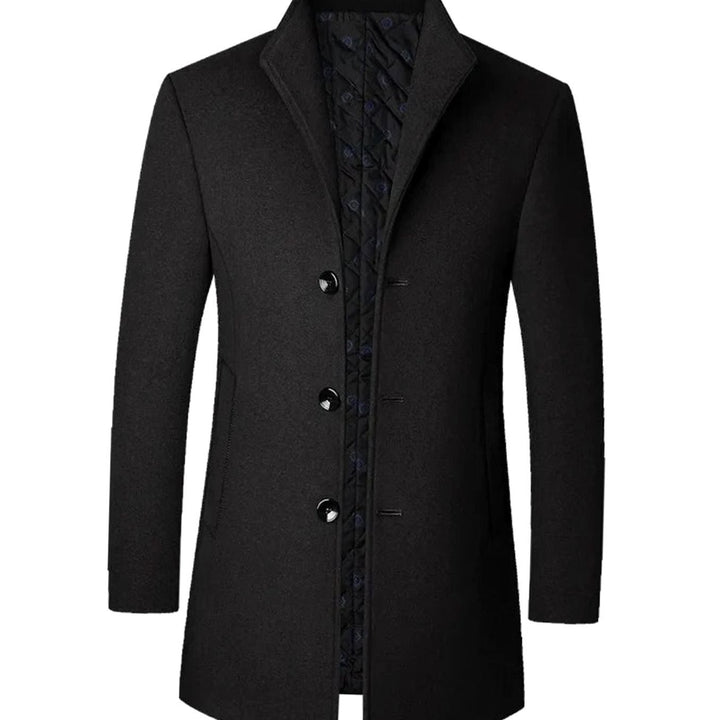 Men's Tailored Stand-Collar Button-Front Long Overcoat - Black