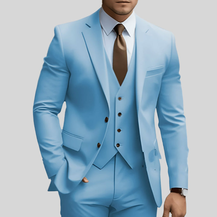 Men's Three-Piece Slim-Fit Notch-Lapel Formal Suit Set - Light Blue