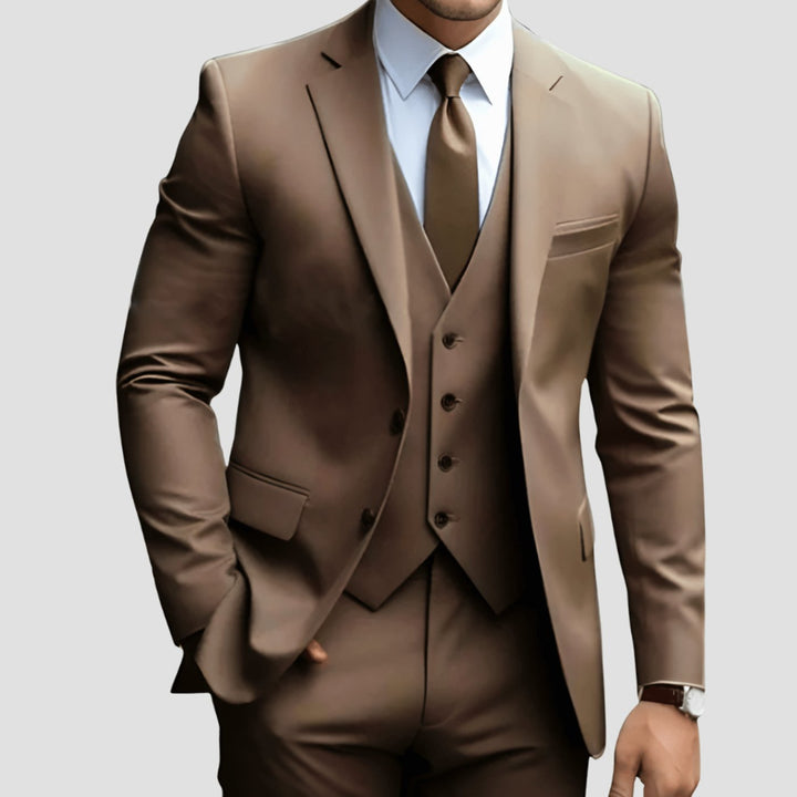 Men's Three-Piece Slim-Fit Notch-Lapel Formal Suit Set - Brown