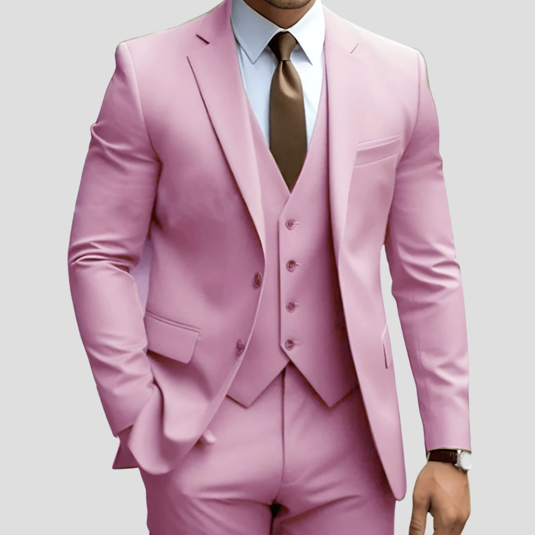 Men's Three-Piece Slim-Fit Notch-Lapel Formal Suit Set - Pink