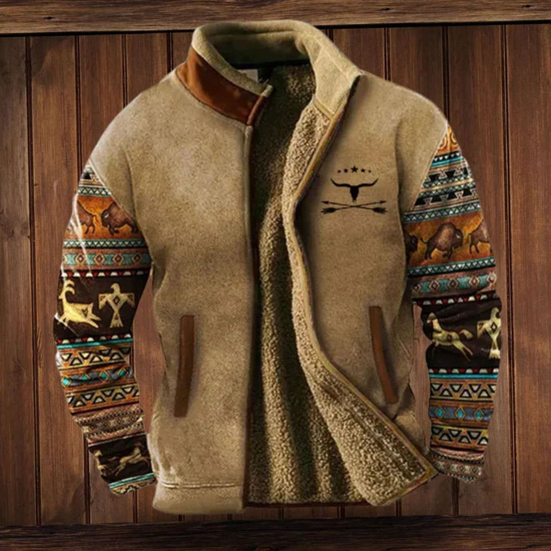 Men's Tribal Print Sherpa-Lined Full-Zip Winter Coat - Brown