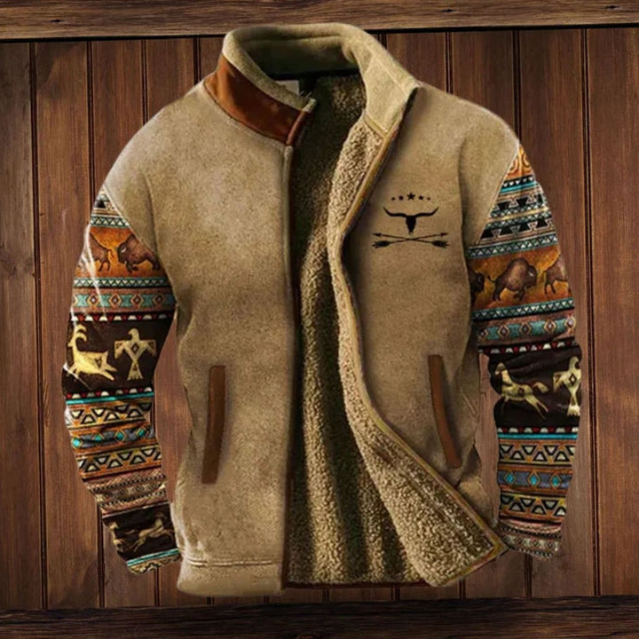Men's Tribal Print Sherpa-Lined Full-Zip Winter Coat - Brown