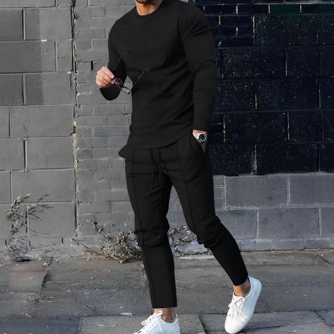 Men's Two Piece Long-Sleeve Crew Neck Jogger Outfit Set - Black