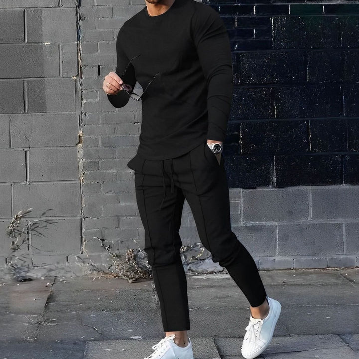 Men's Two Piece Long-Sleeve Crew Neck Jogger Outfit Set - Black