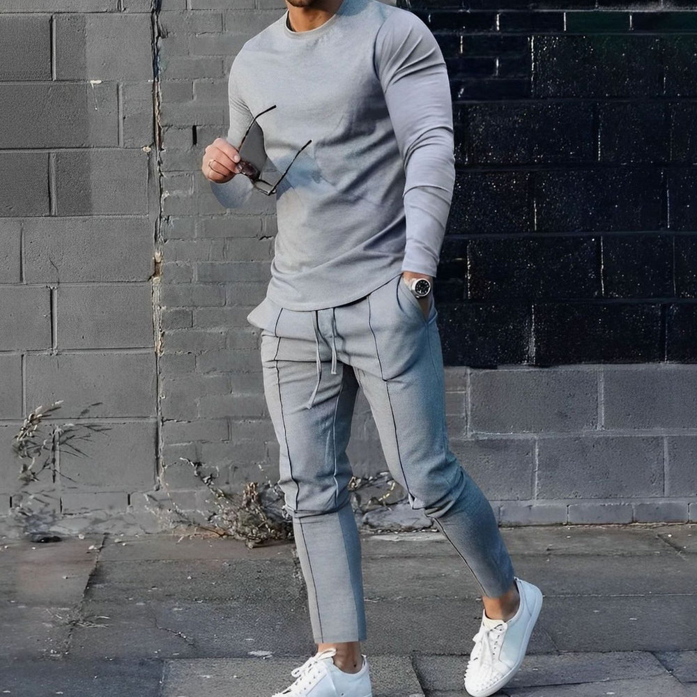 Men's Two Piece Long-Sleeve Crew Neck Jogger Outfit Set - Grey