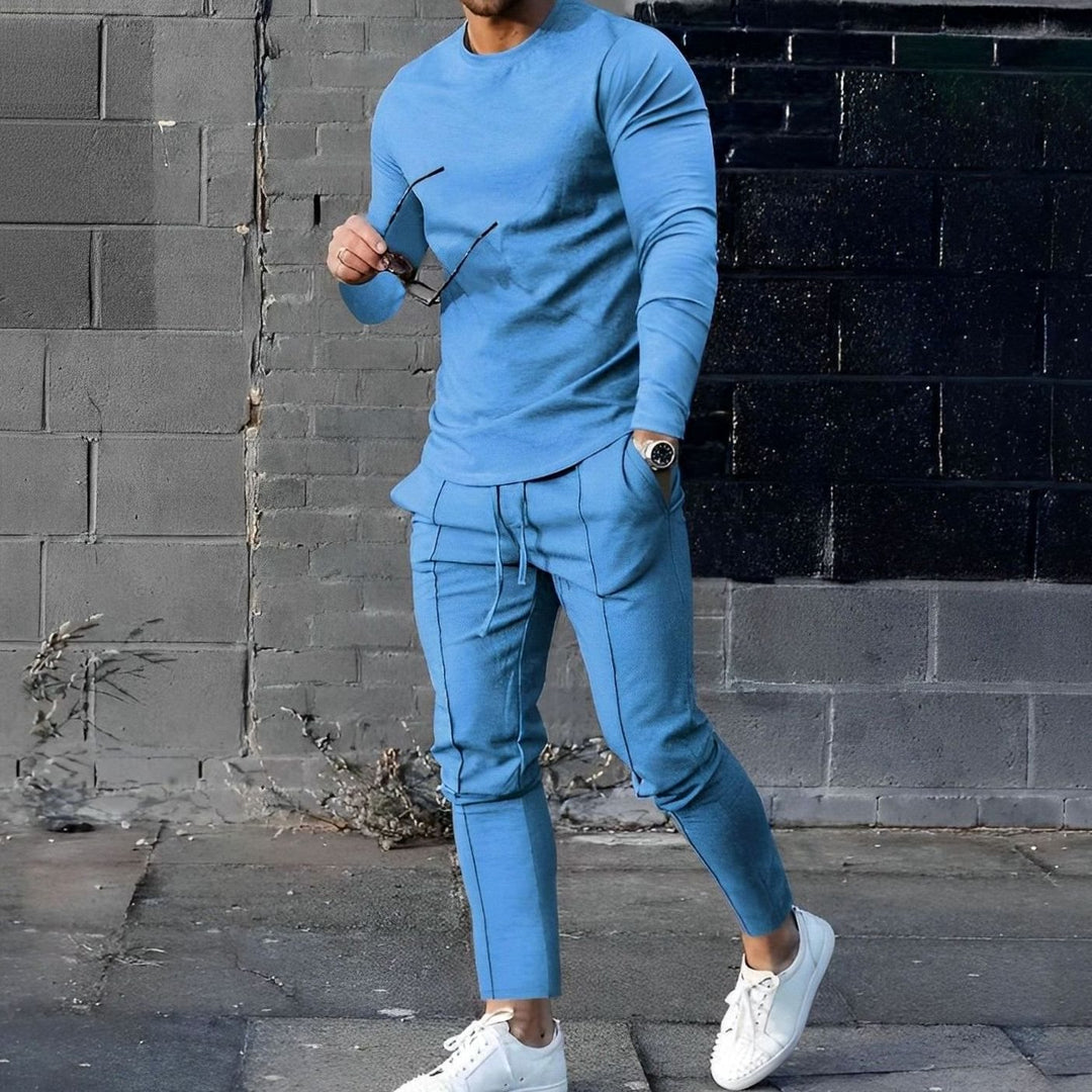 Men's Two Piece Long-Sleeve Crew Neck Jogger Outfit Set - Blue