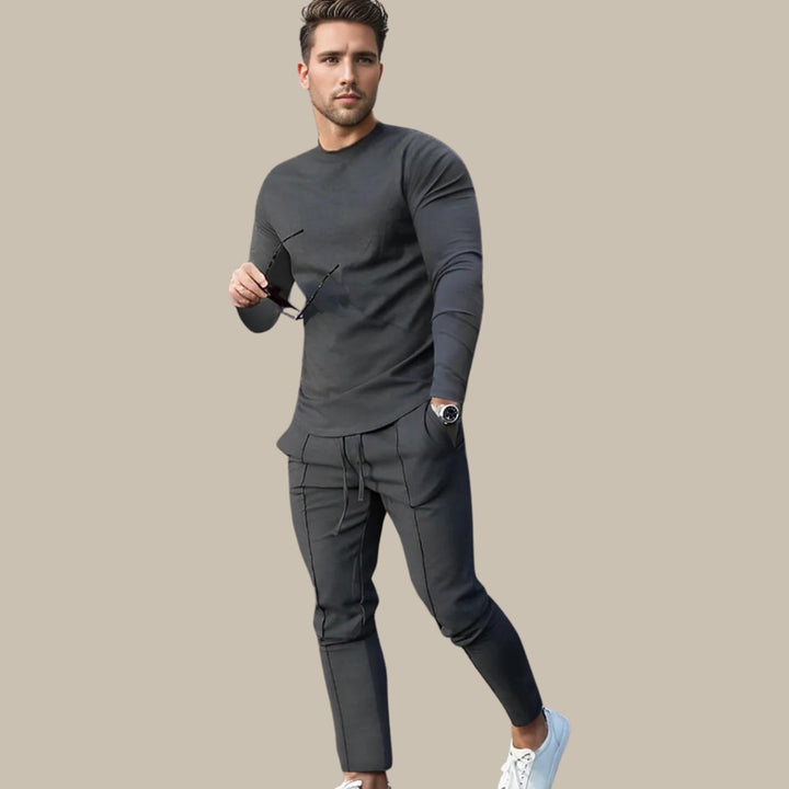 Men's Two Piece Long-Sleeve Crew Neck Jogger Outfit Set - Dark Grey