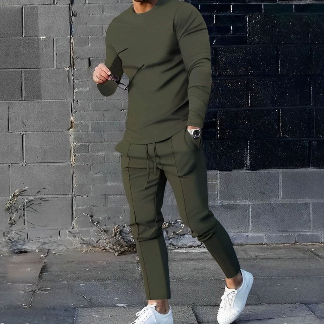 Men's Two Piece Long-Sleeve Crew Neck Jogger Outfit Set - Olive Green