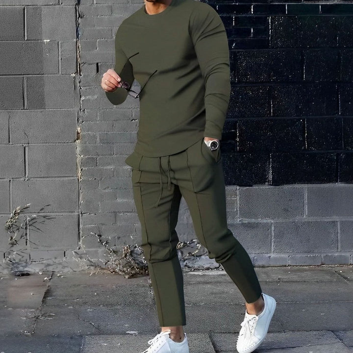 Men's Two Piece Long-Sleeve Crew Neck Jogger Outfit Set - Olive Green