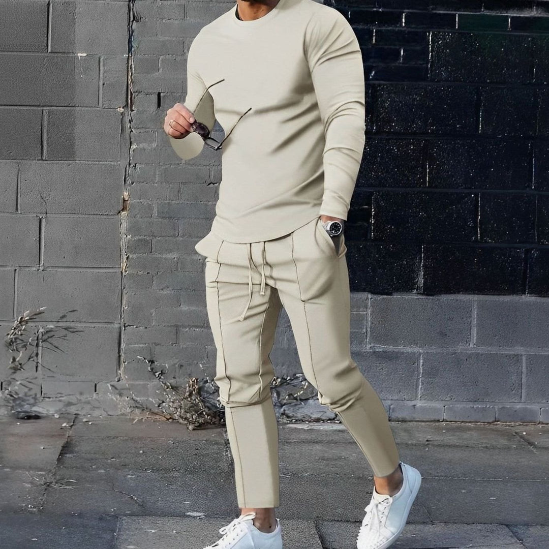 Men's Two Piece Long-Sleeve Crew Neck Jogger Outfit Set - Beige