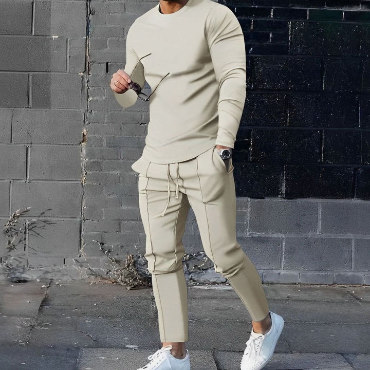 Men's Two Piece Long-Sleeve Crew Neck Jogger Outfit Set - Beige