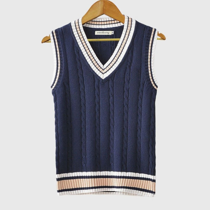 Men's V-Neck Cable Knit Sleeveless Sweater Vest Striped Trim - Blue