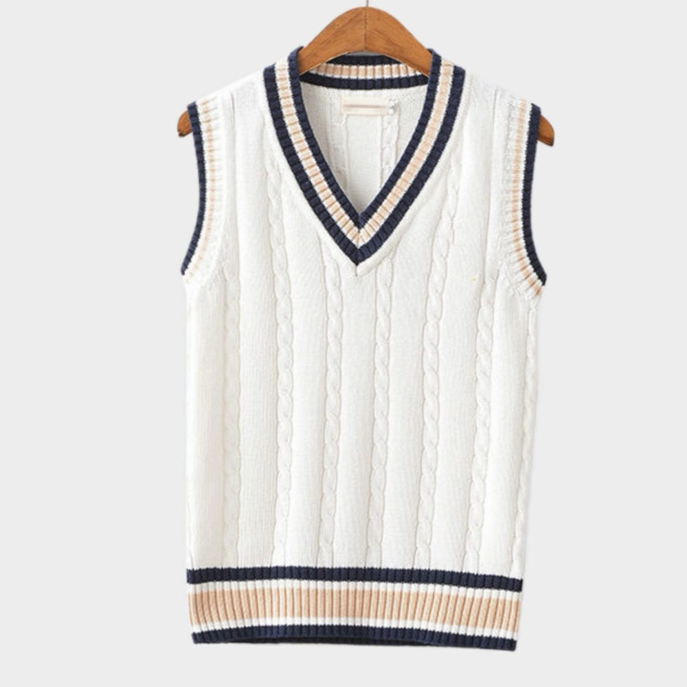 Men's V-Neck Cable Knit Sleeveless Sweater Vest Striped Trim - White