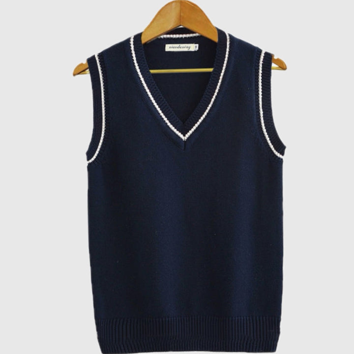 Men's V-Neck Cable Knit Sleeveless Sweater Vest Striped Trim - Navy Blue