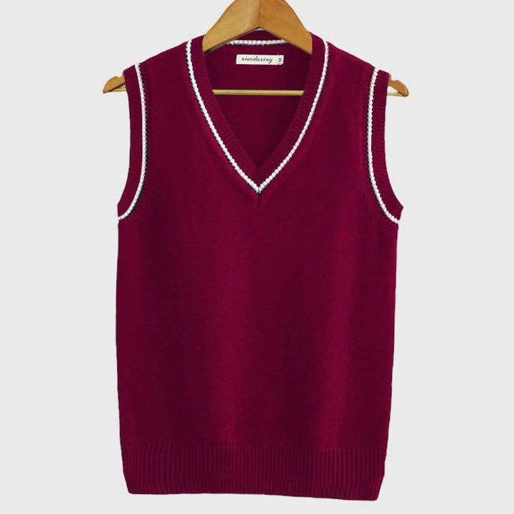 Men's V-Neck Cable Knit Sleeveless Sweater Vest Striped Trim - Red