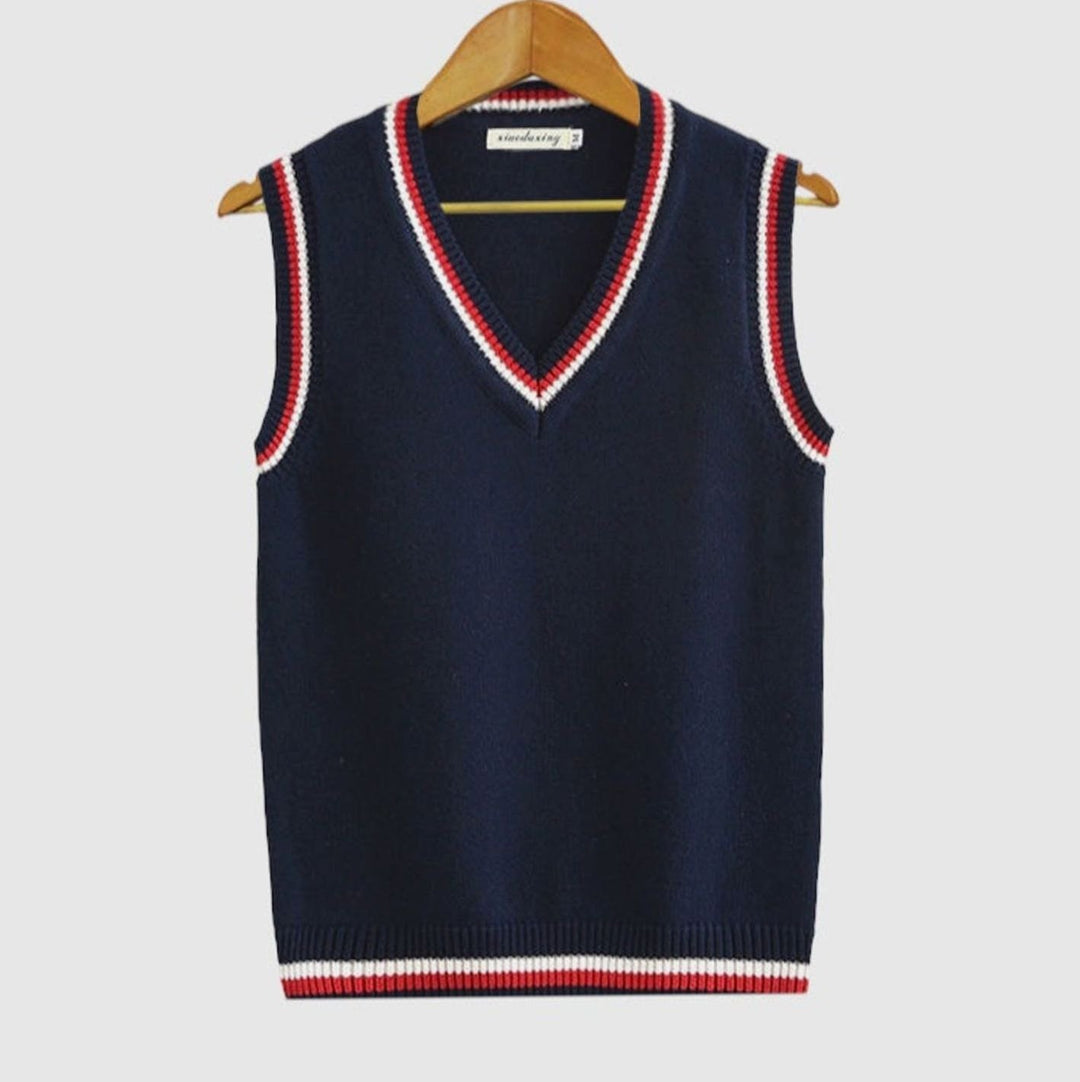 Men's V-Neck Cable Knit Sleeveless Sweater Vest Striped Trim - Dark Blue
