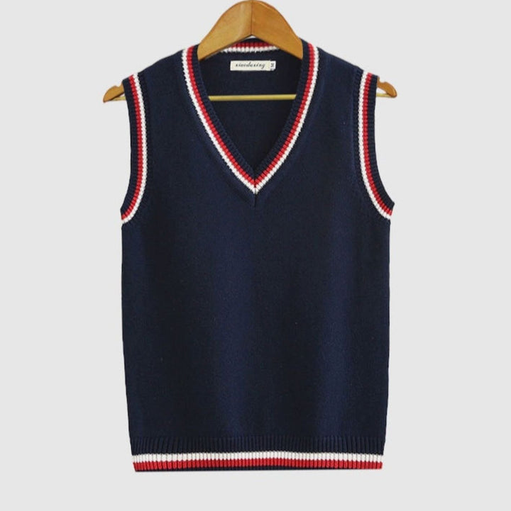 Men's V-Neck Cable Knit Sleeveless Sweater Vest Striped Trim - Dark Blue
