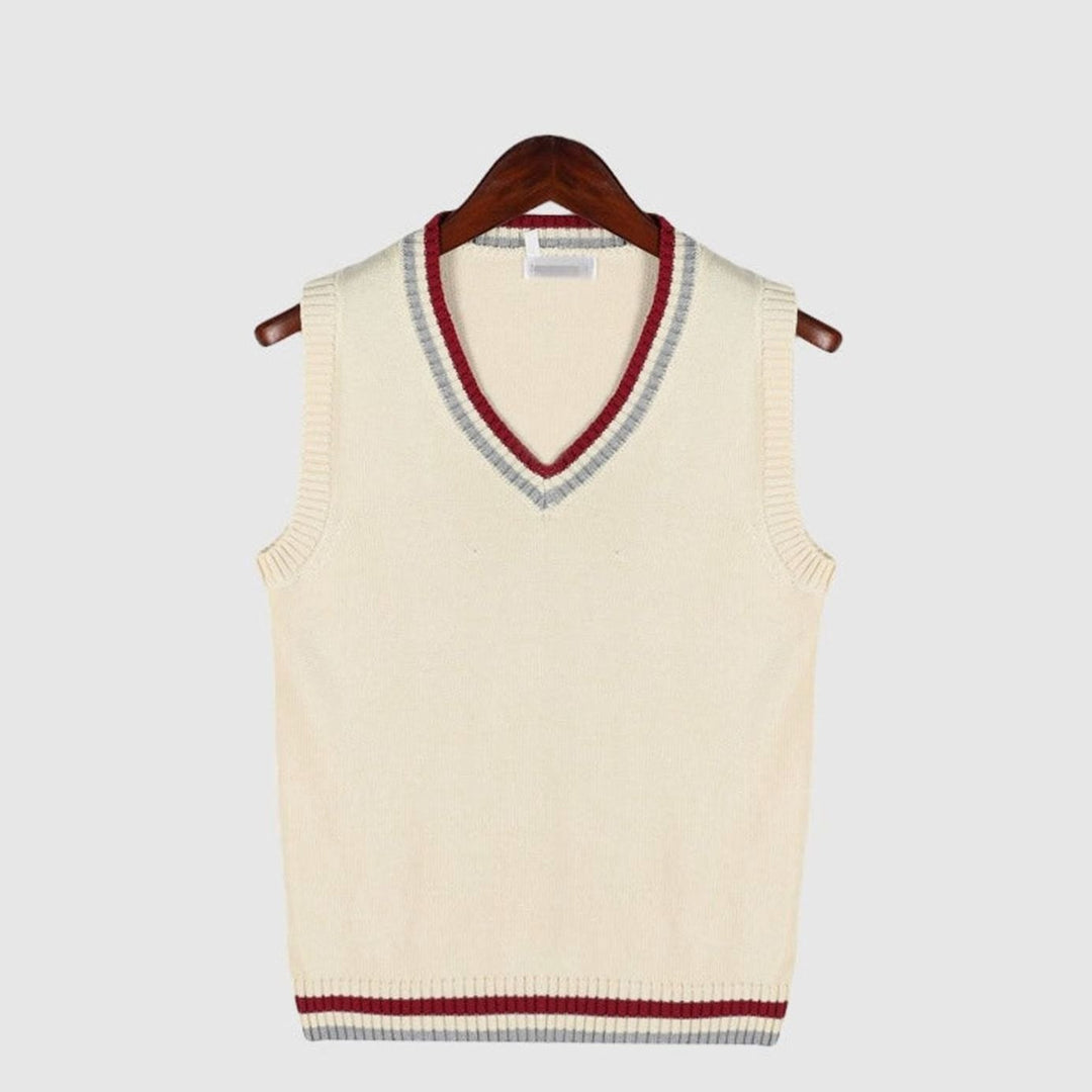 Men's V-Neck Cable Knit Sleeveless Sweater Vest Striped Trim - Beige