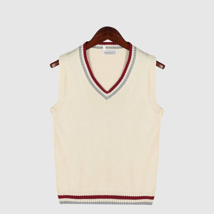 Men's V-Neck Cable Knit Sleeveless Sweater Vest Striped Trim - Beige