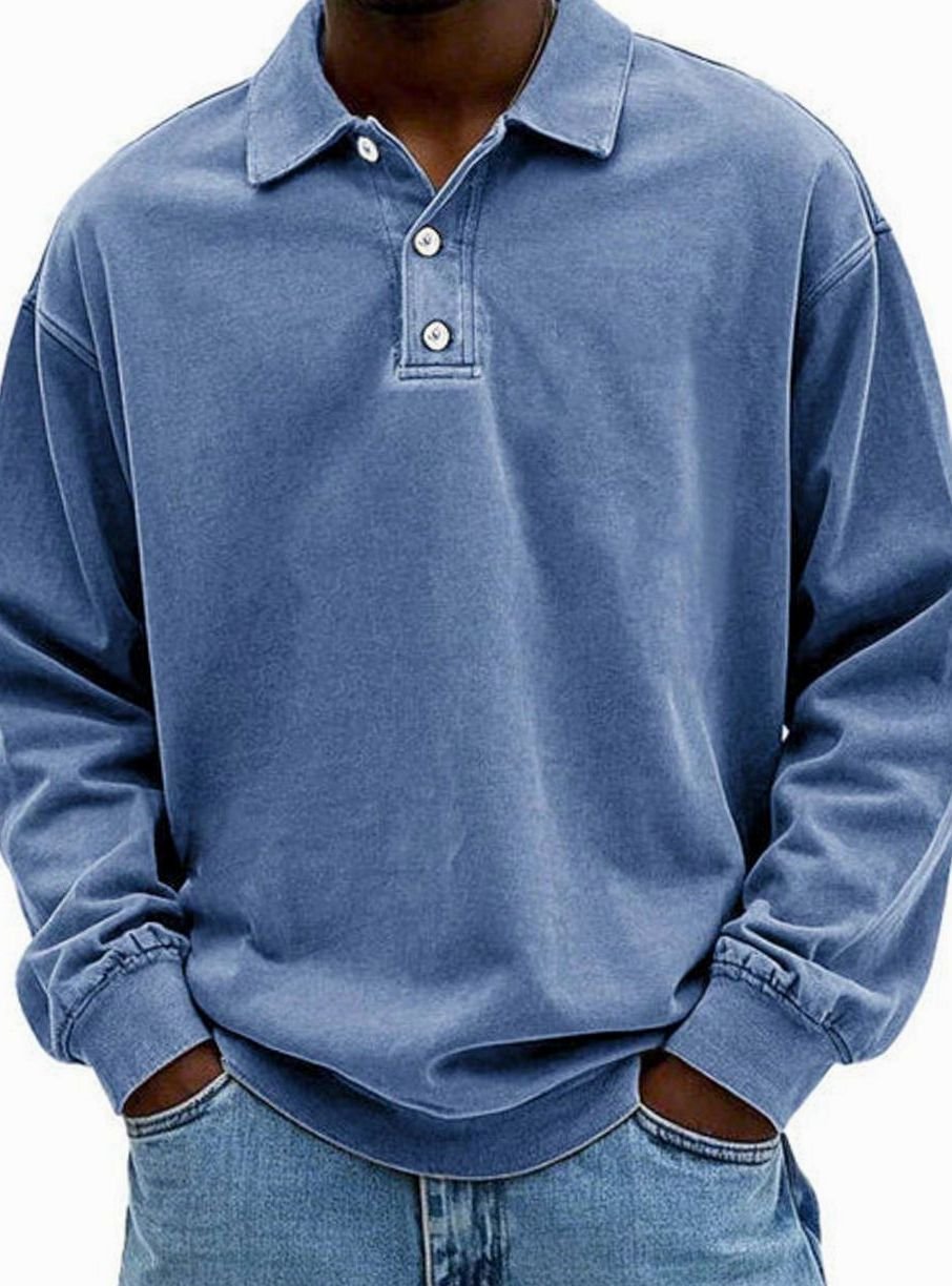 Men's Vintage Long Sleeve Relaxed-Fit Button-Collar Polo Shirt - Blue