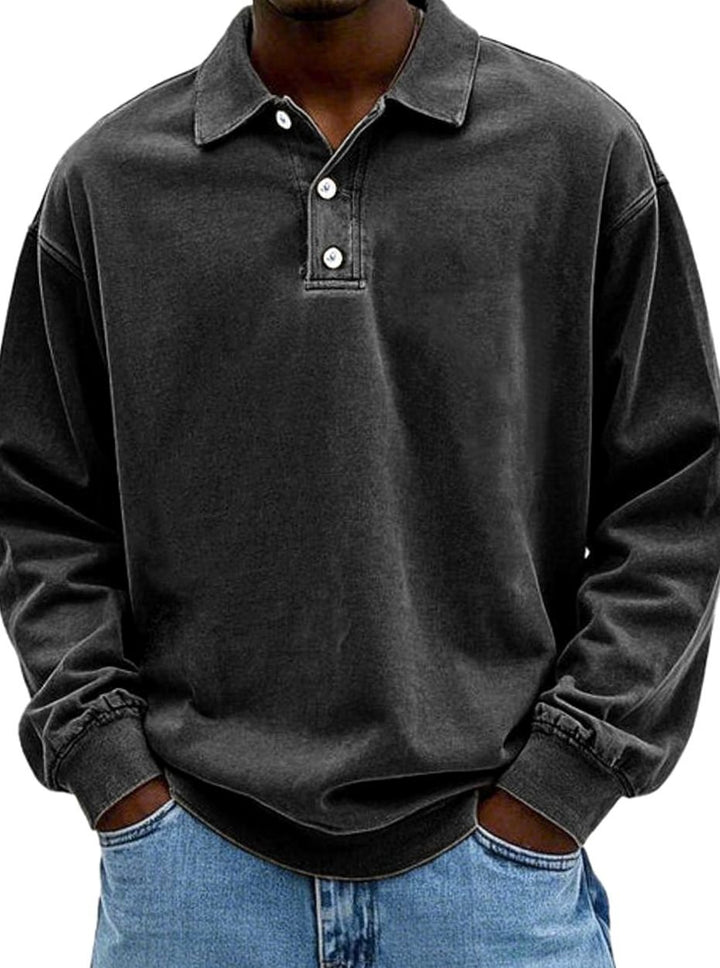Men's Vintage Long Sleeve Relaxed-Fit Button-Collar Polo Shirt - Black