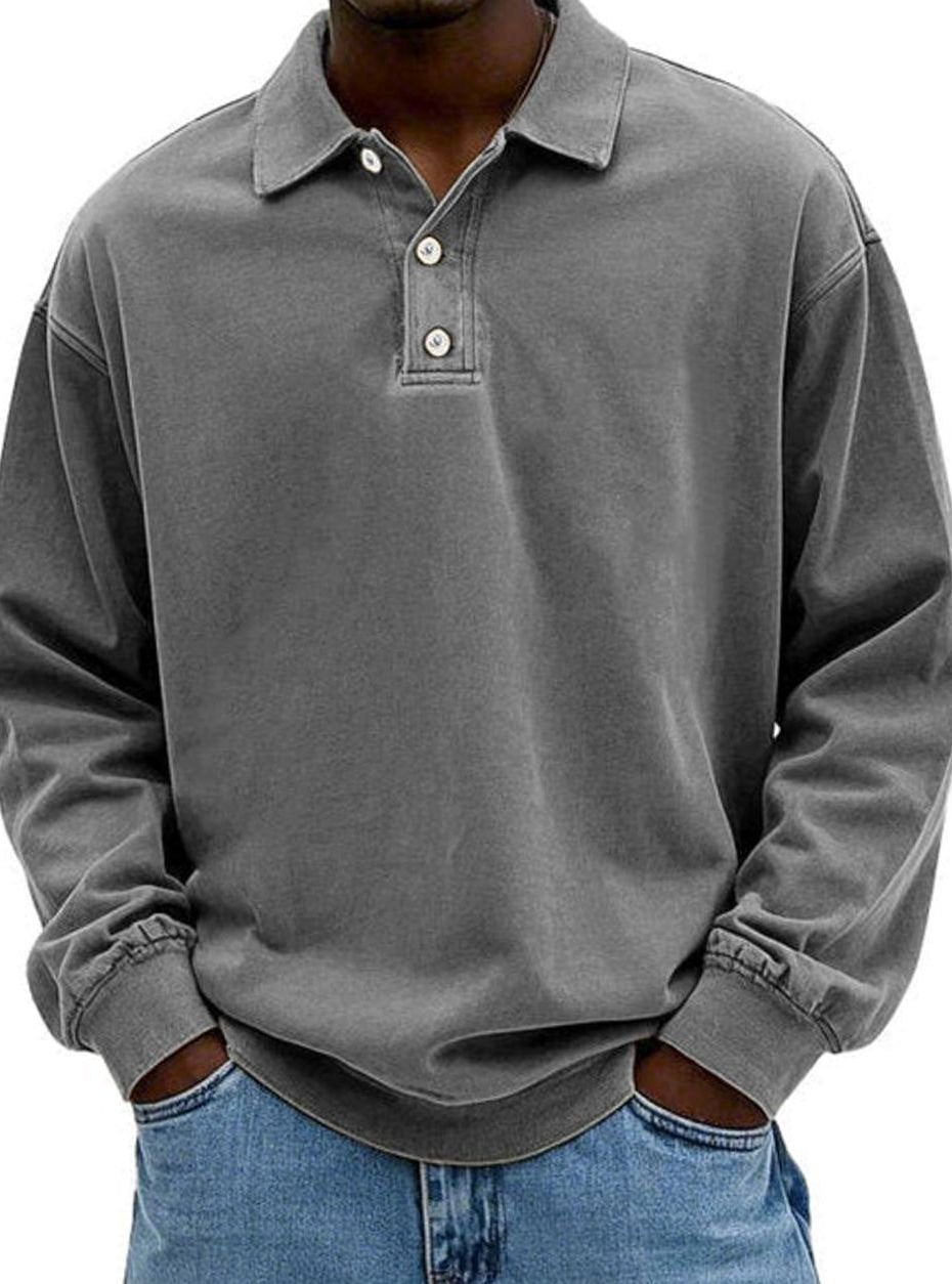 Men's Vintage Long Sleeve Relaxed-Fit Button-Collar Polo Shirt - Grey