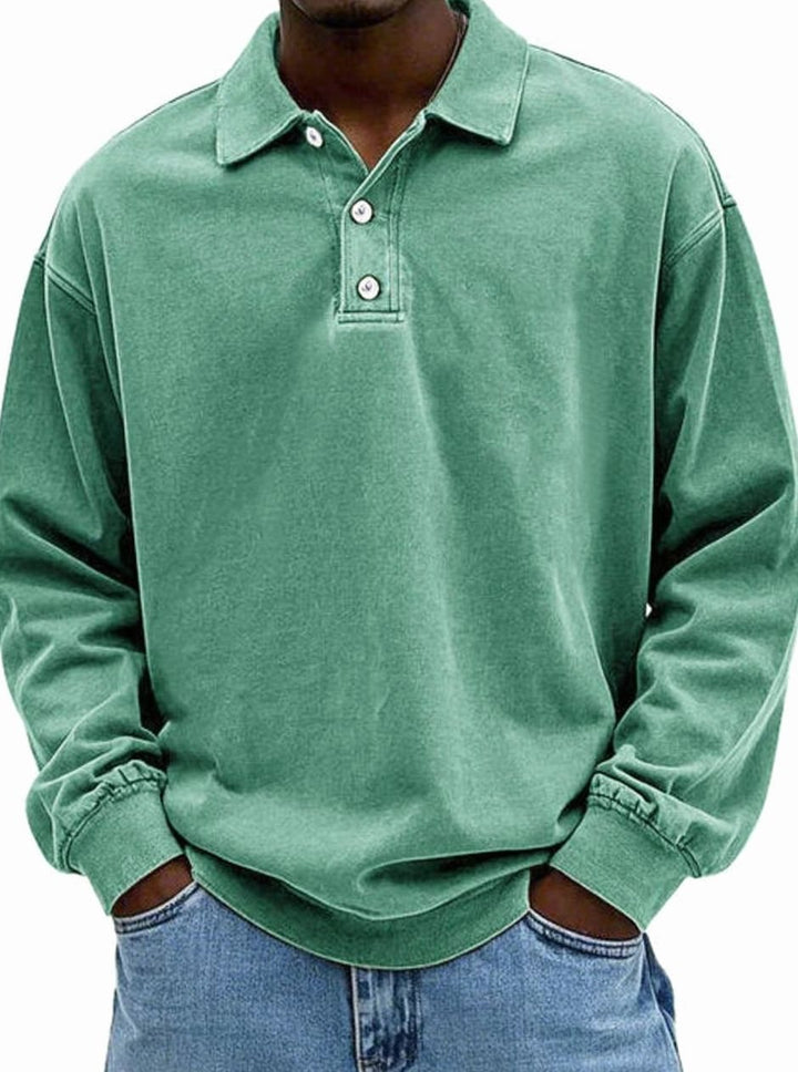 Men's Vintage Long Sleeve Relaxed-Fit Button-Collar Polo Shirt - Green