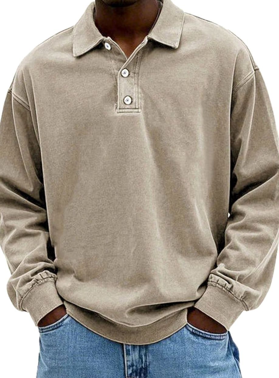 Men's Vintage Long Sleeve Relaxed-Fit Button-Collar Polo Shirt - Khaki