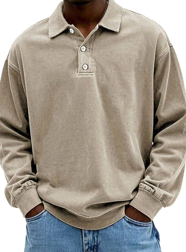 Men's Vintage Long Sleeve Relaxed-Fit Button-Collar Polo Shirt - Khaki
