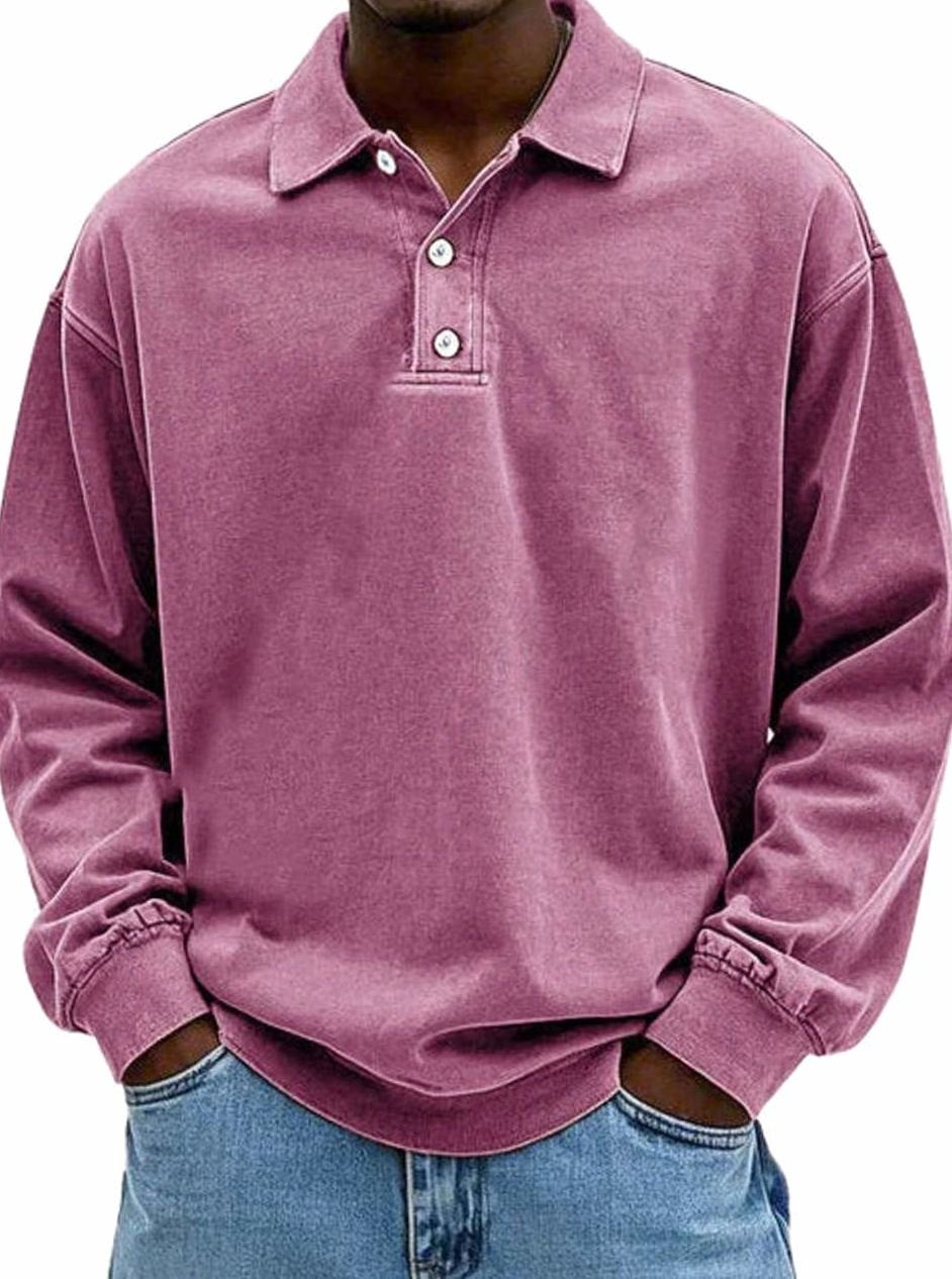 Men's Vintage Long Sleeve Relaxed-Fit Button-Collar Polo Shirt - Pink
