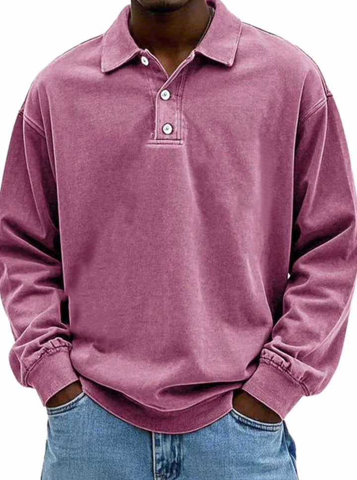 Men's Vintage Long Sleeve Relaxed-Fit Button-Collar Polo Shirt - Pink