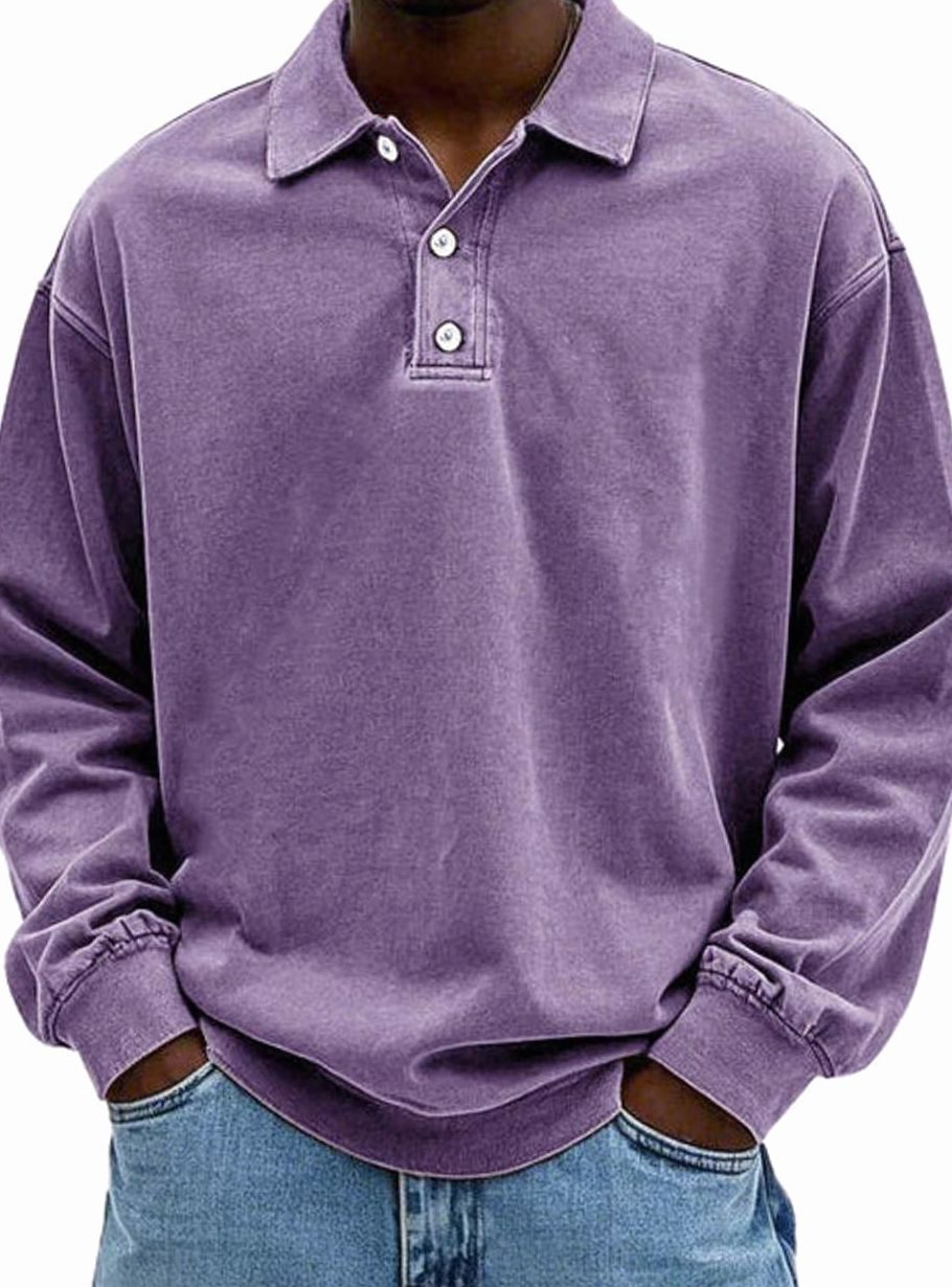 Men's Vintage Long Sleeve Relaxed-Fit Button-Collar Polo Shirt - Purple