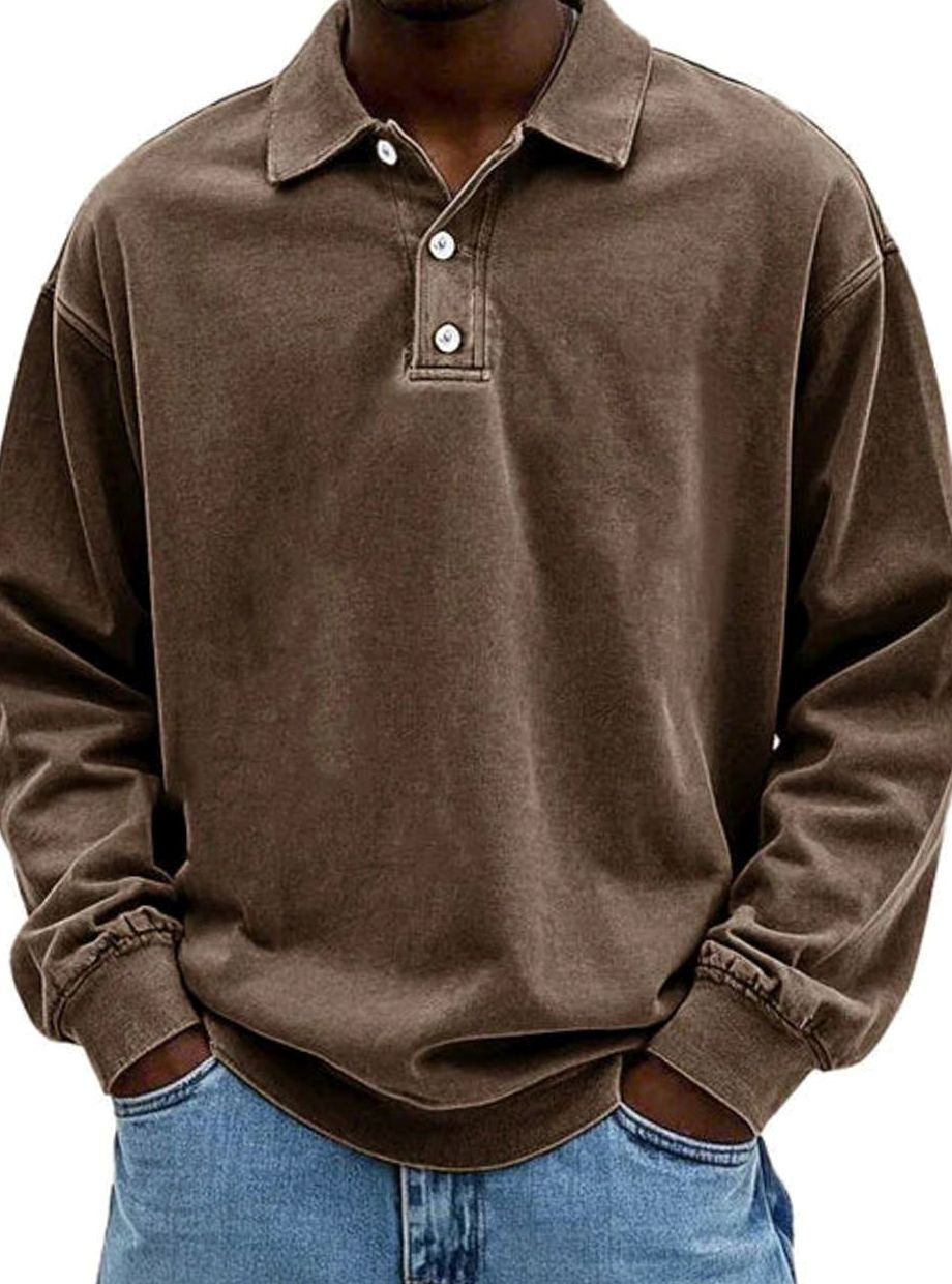 Men's Vintage Long Sleeve Relaxed-Fit Button-Collar Polo Shirt - Brown