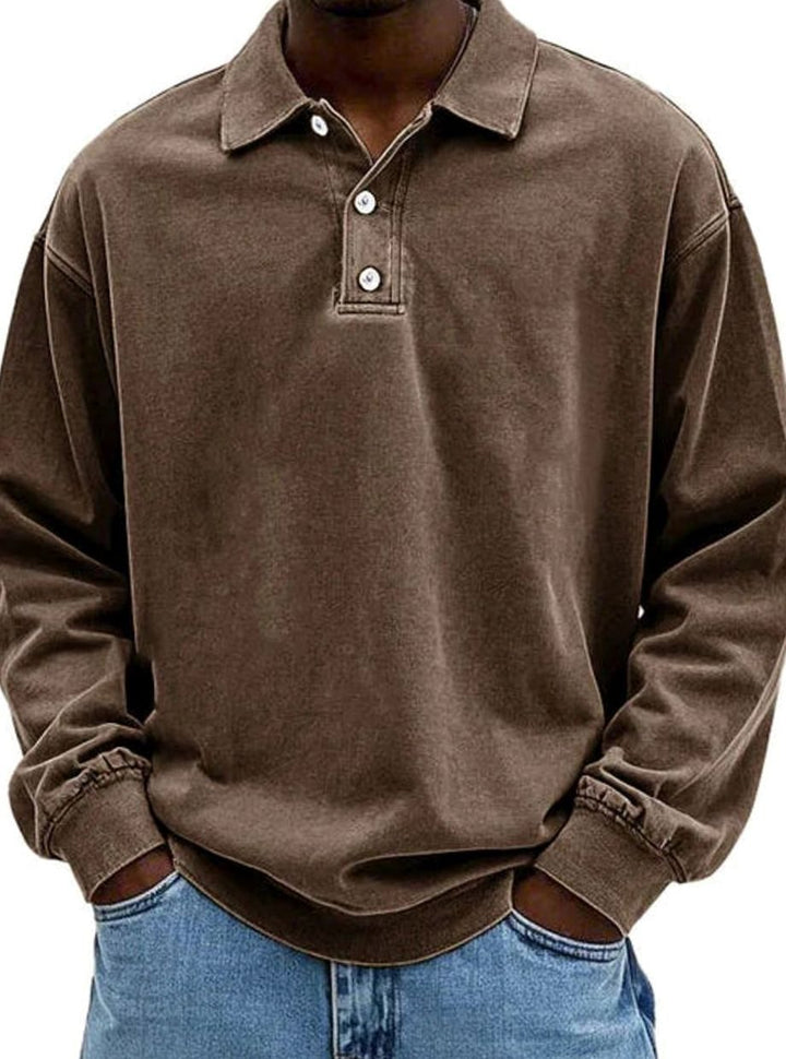 Men's Vintage Long Sleeve Relaxed-Fit Button-Collar Polo Shirt - Brown