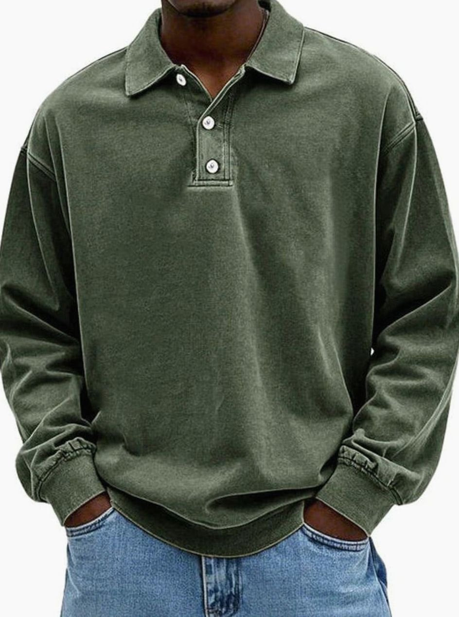 Men's Vintage Long Sleeve Relaxed-Fit Button-Collar Polo Shirt - Army Green