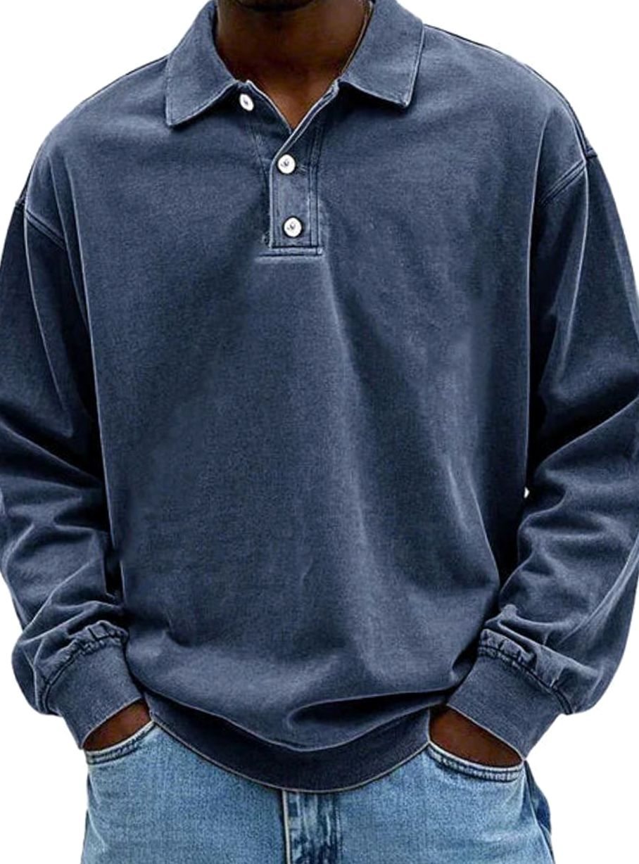Men's Vintage Long Sleeve Relaxed-Fit Button-Collar Polo Shirt - Navy Blue