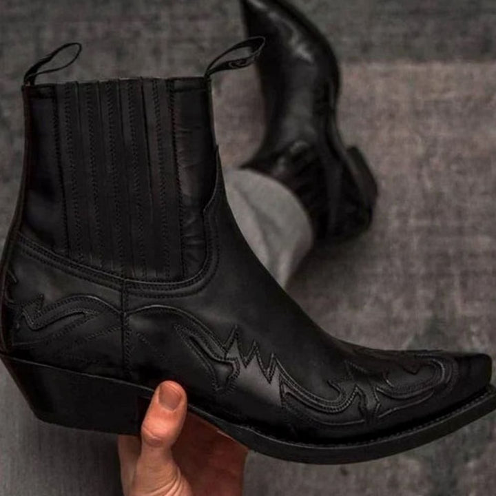 Men's Western Cowboy Style Boots Pointed-Toe Embroidered Chelsea Ankle - Black