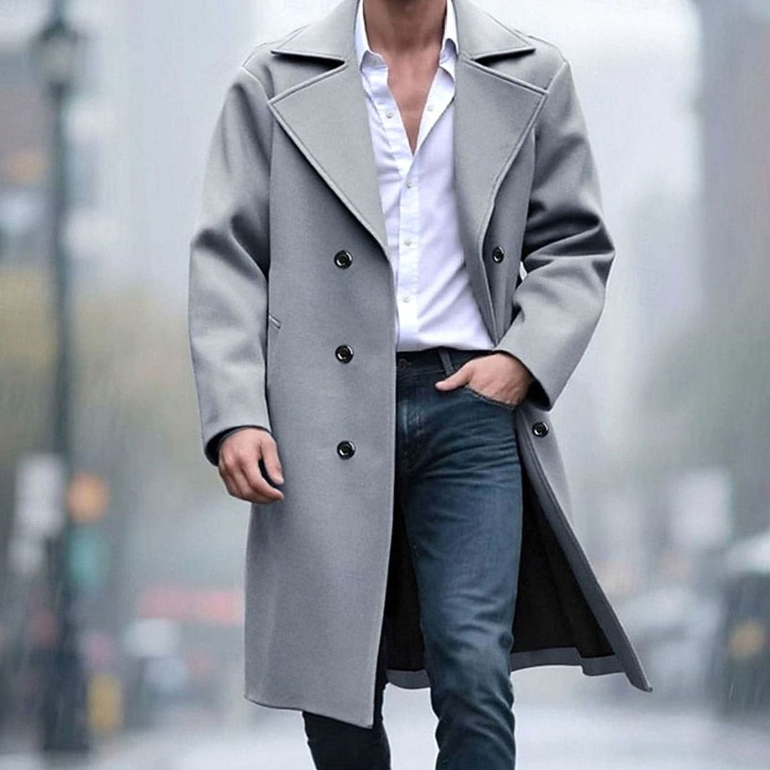 Men's Wool Coat Double-Breasted Tailored Long Overcoat, Light Gray - Light Gray