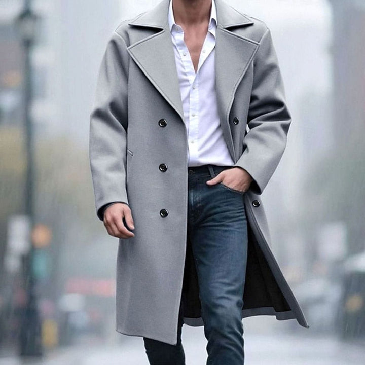 Men's Wool Coat Double-Breasted Tailored Long Overcoat, Light Gray - Light Gray