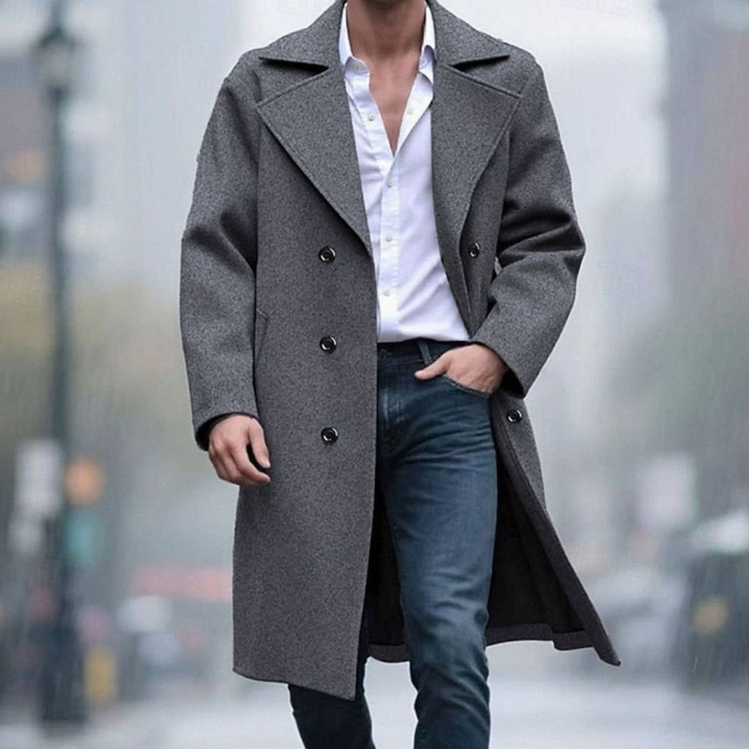 Men's Wool Coat Double-Breasted Tailored Long Overcoat, Light Gray - Dark Gray