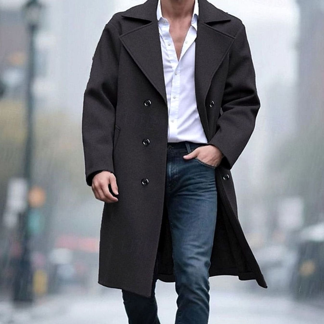 Men's Wool Coat Double-Breasted Tailored Long Overcoat, Light Gray - Black