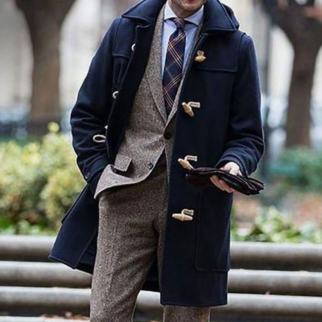Men's Wool Hooded Toggle-Closure Long Overcoat, Navy Blue - Dark Blue