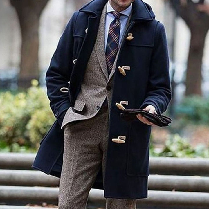 Men's Wool Hooded Toggle-Closure Long Overcoat, Navy Blue - Dark Blue